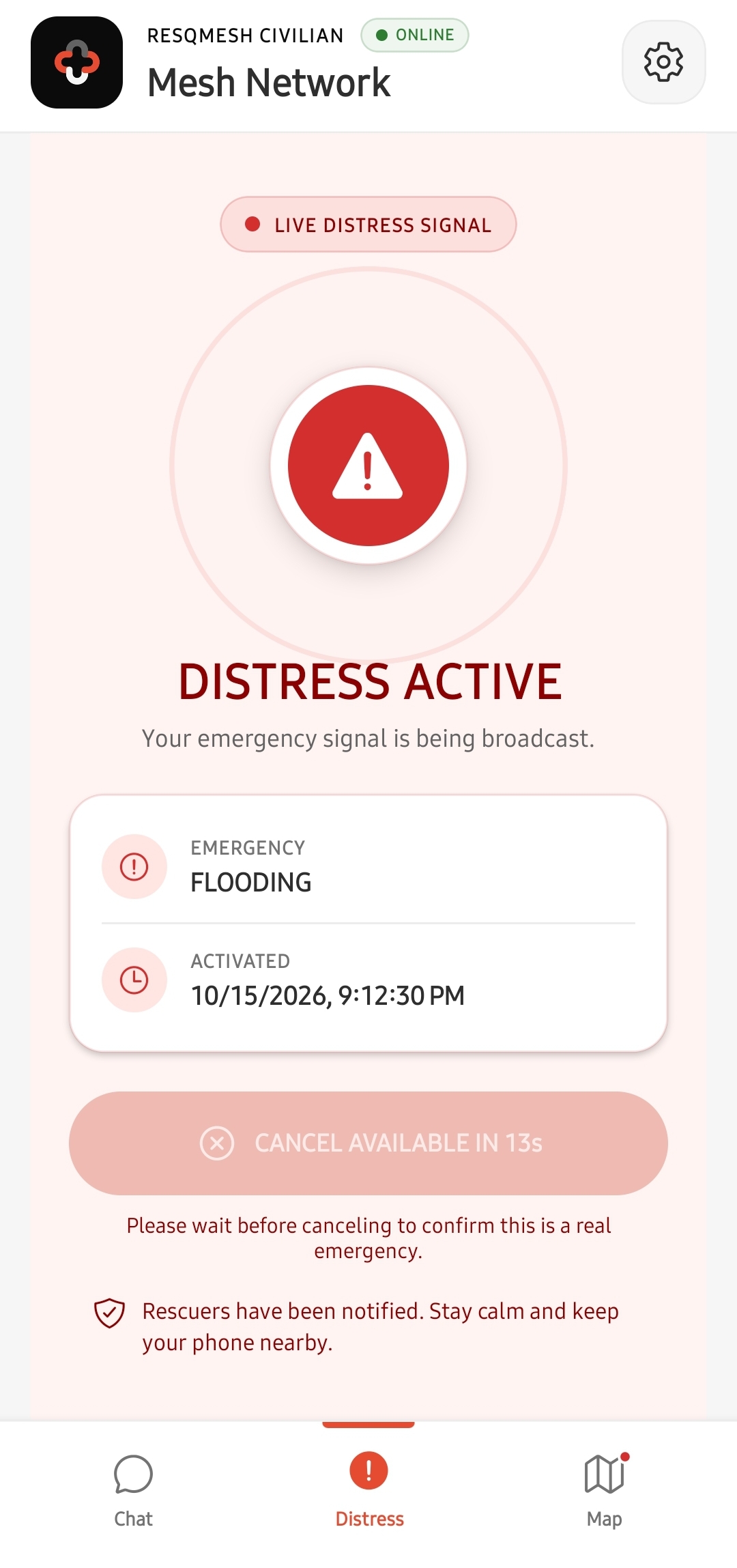 ResQMesh active distress signal status screen