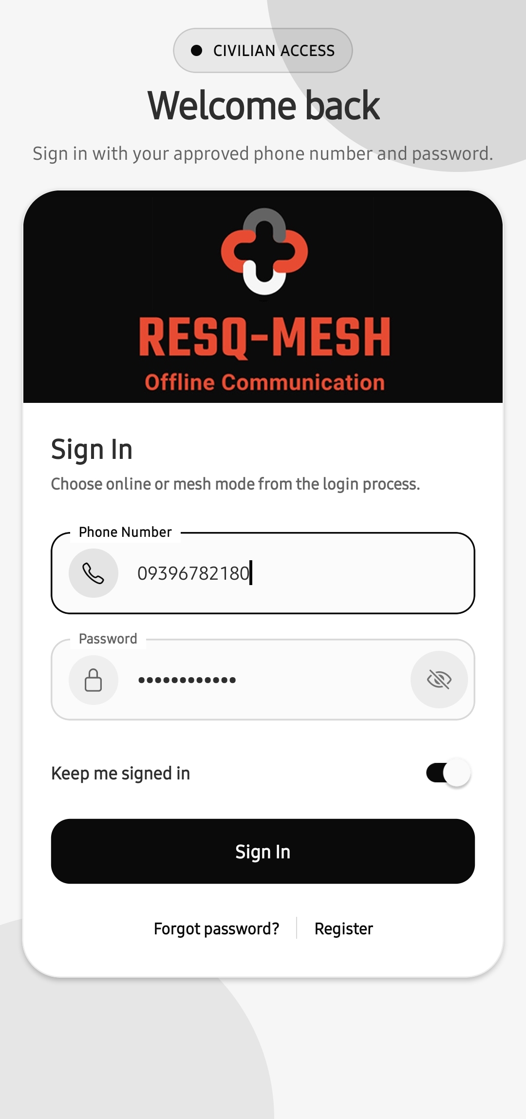 Updated ResQMesh Civilian sign-in screen