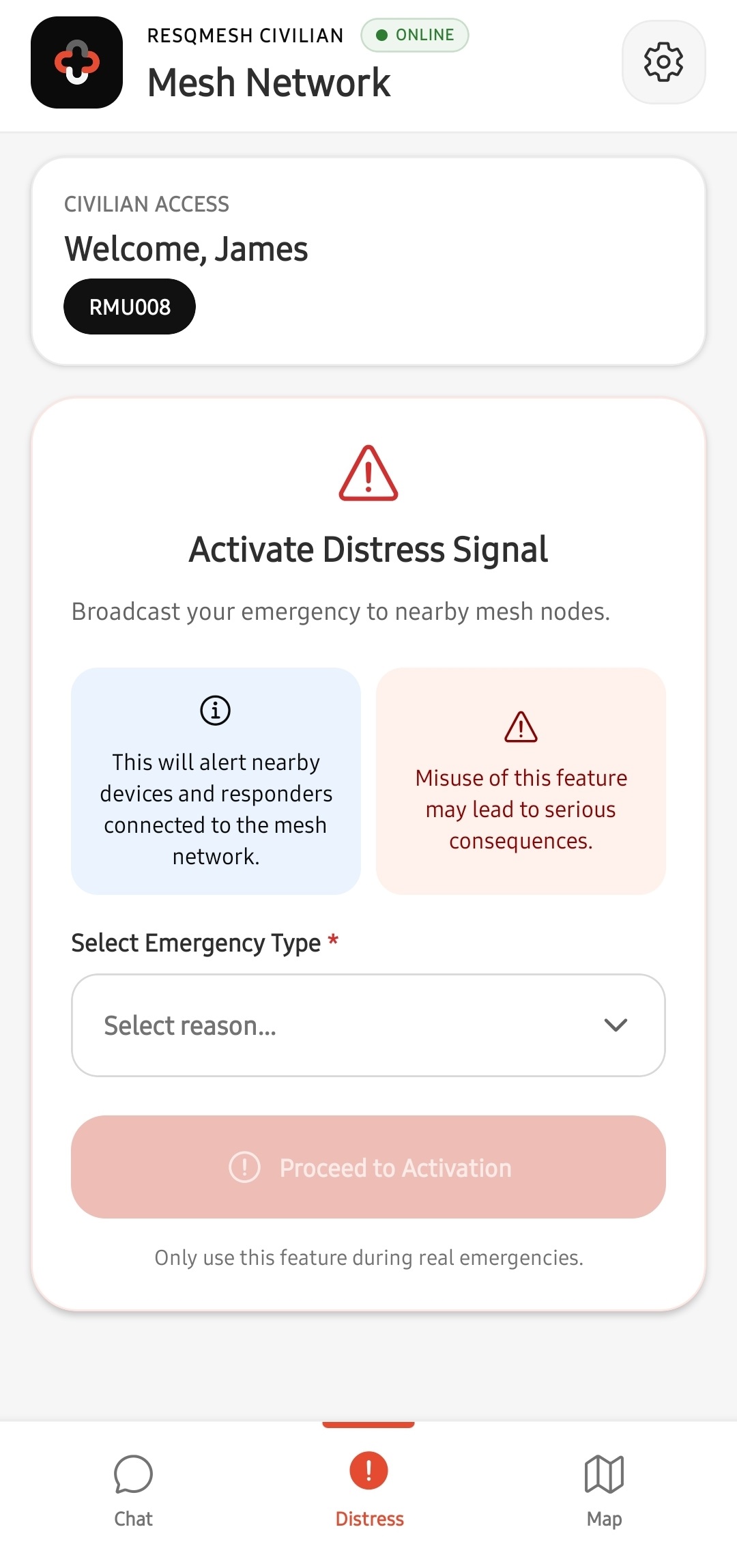 ResQMesh screen for activating a civilian distress signal