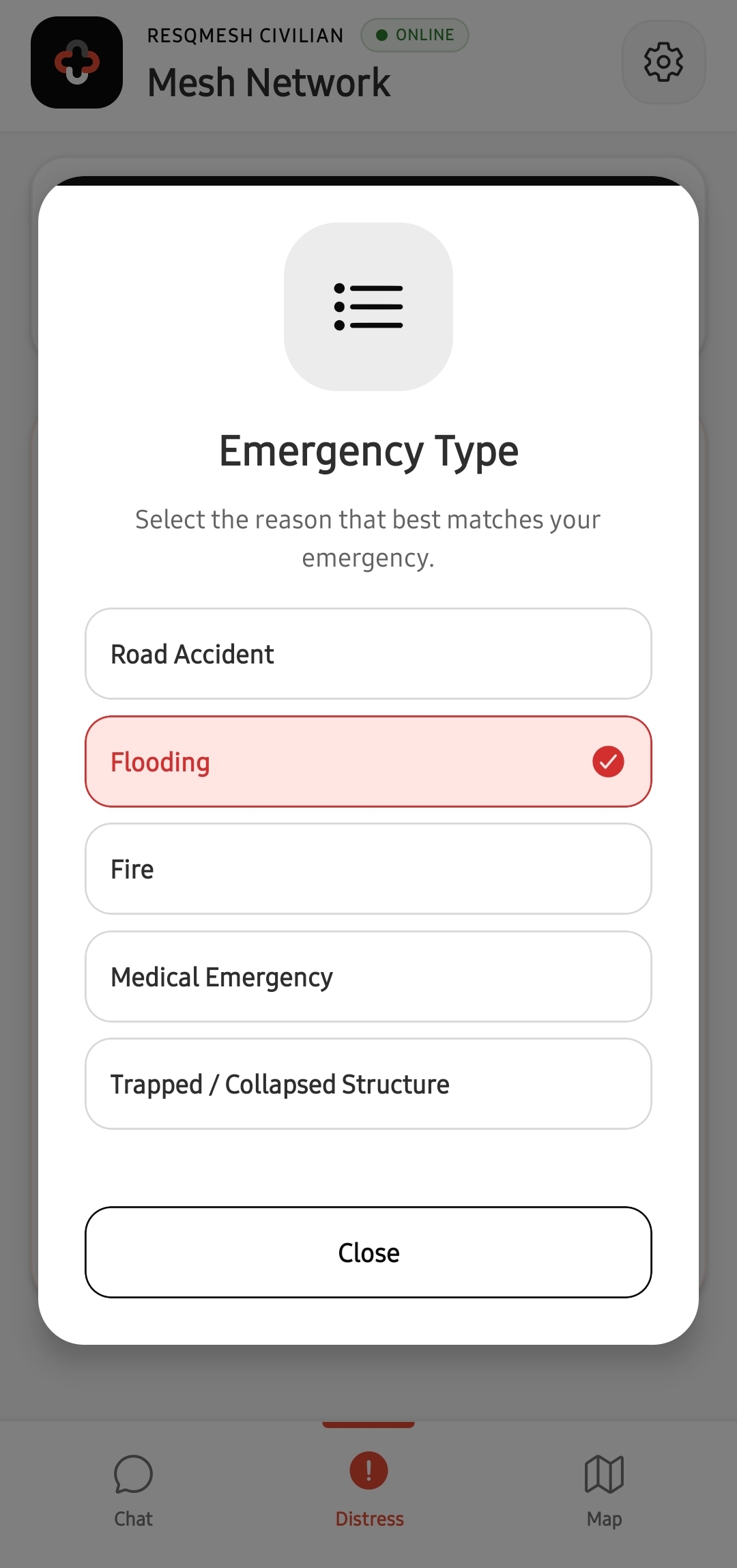 ResQMesh emergency type selection dialog