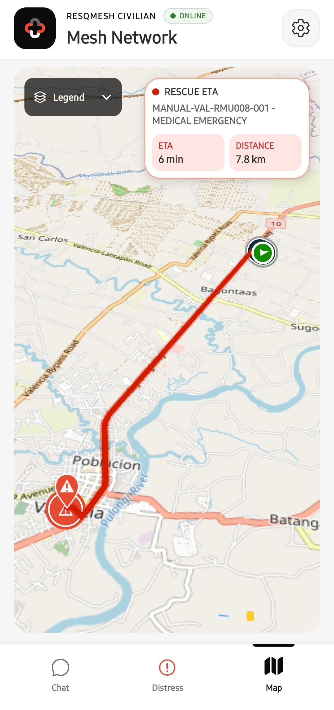 ResQMesh map showing the live rescue route to an active emergency