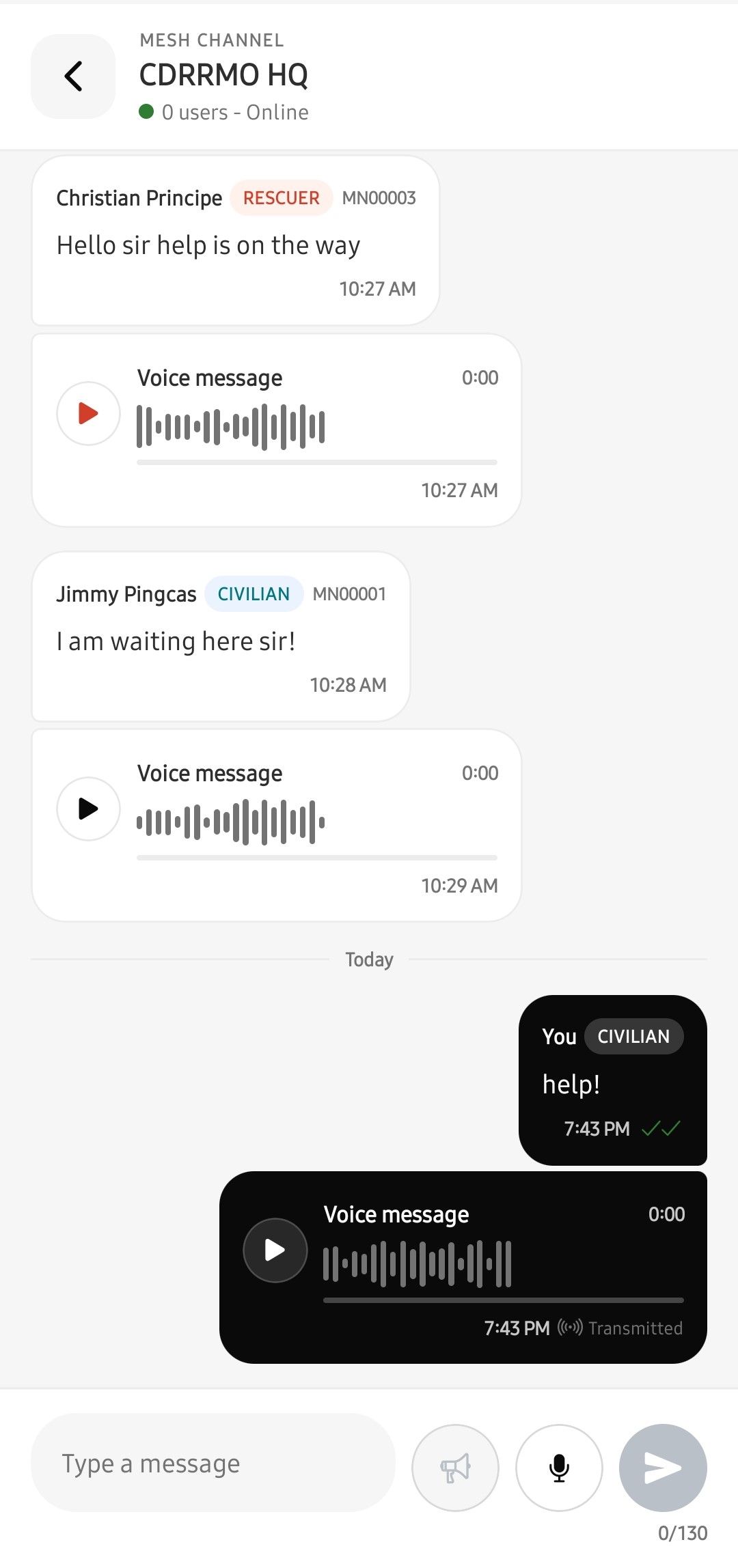 ResQMesh offline mesh conversation with text and voice messages