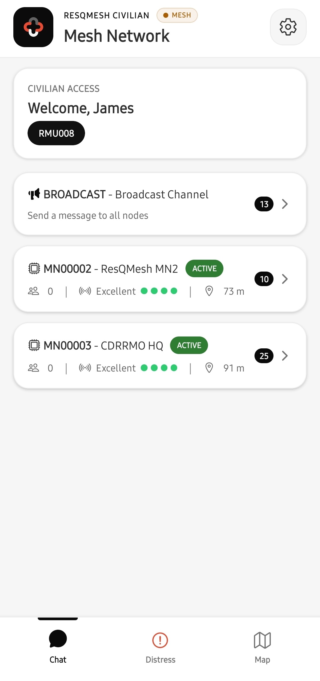 ResQMesh Mesh Mode screen listing nearby mesh nodes and the broadcast channel