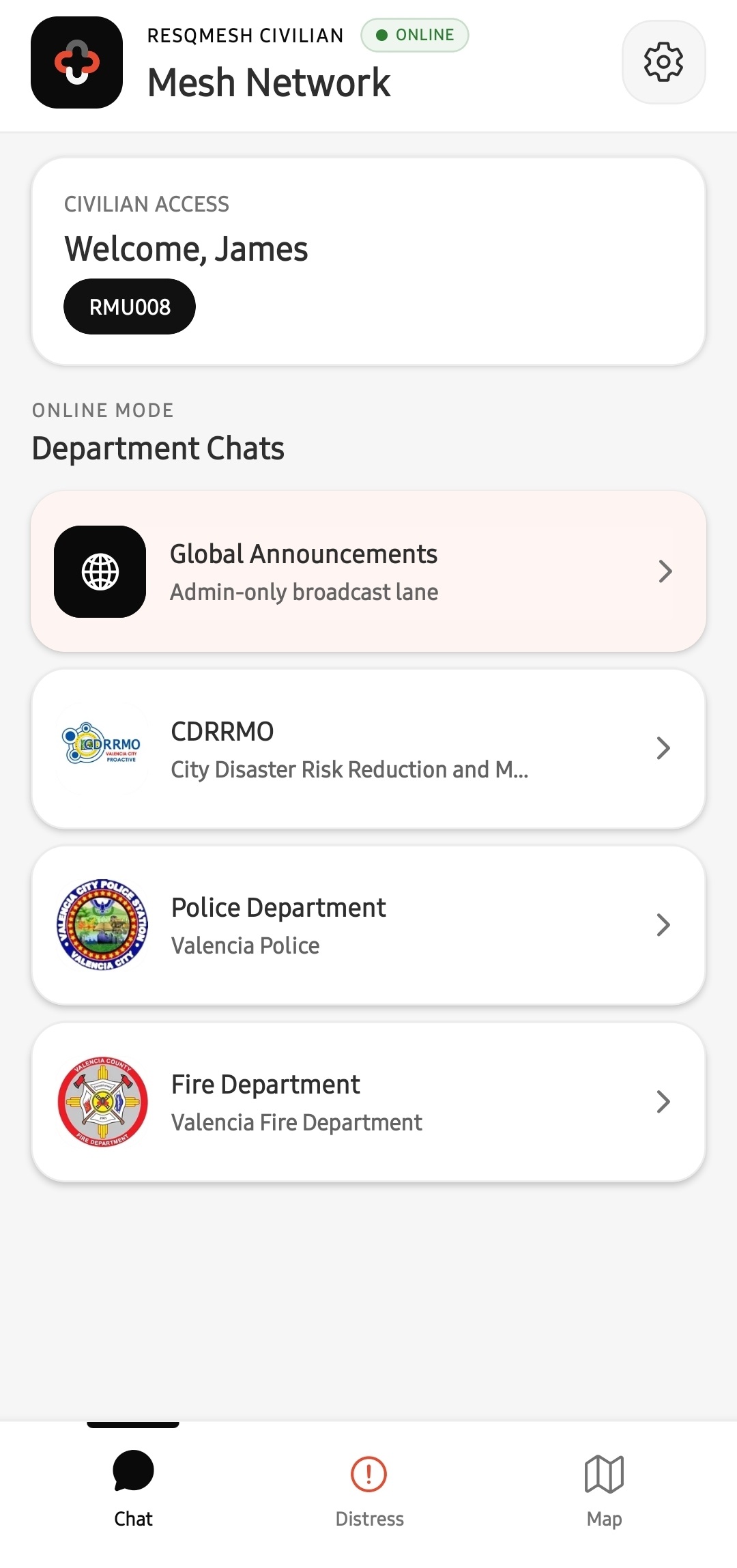 ResQMesh Online Mode department chat selection screen
