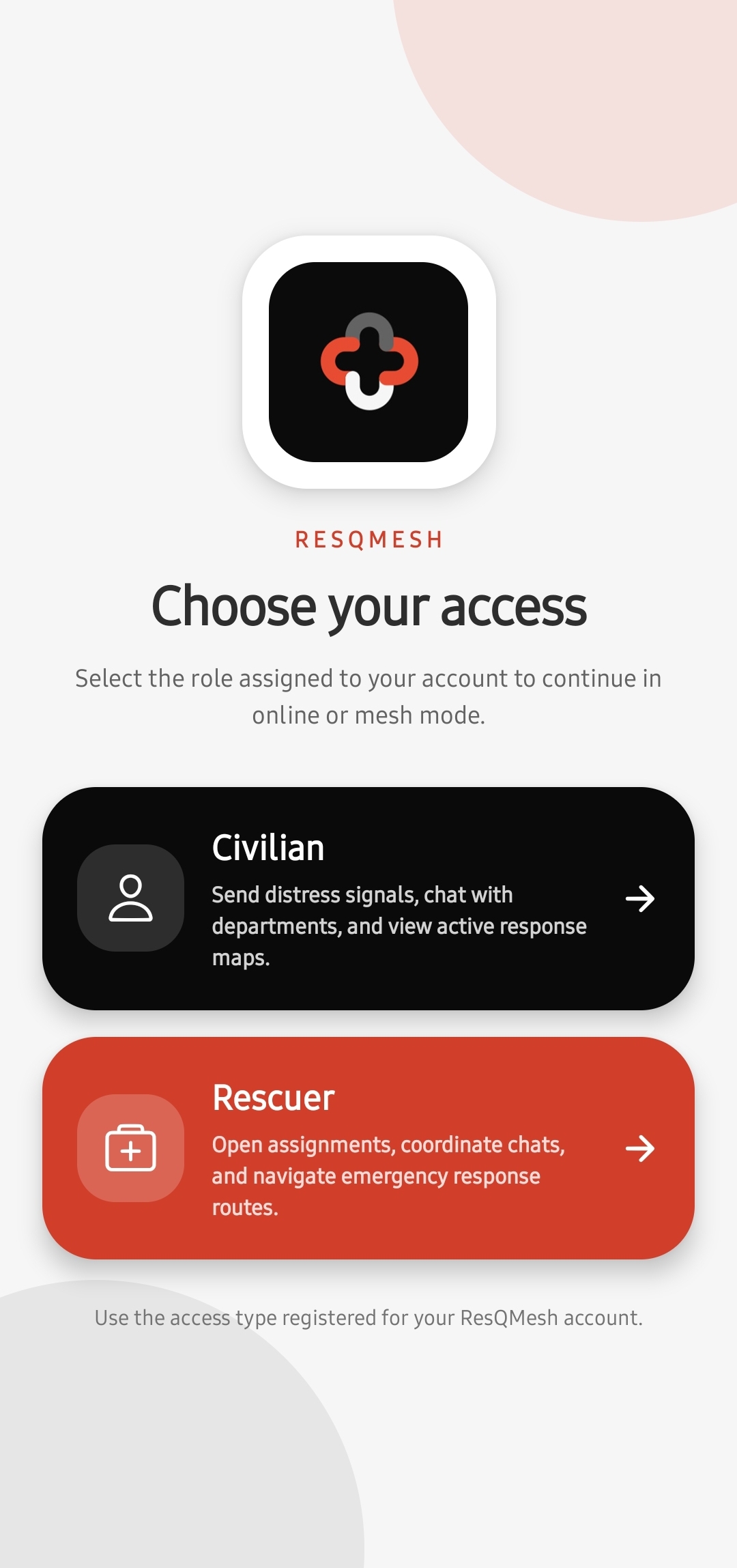 ResQMesh screen for choosing Civilian or Rescuer access